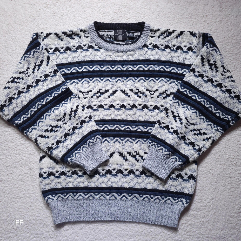 Expressions Crewneck Sweater Medium Gray Navy Fair Isle 100% Acrylic Pullover